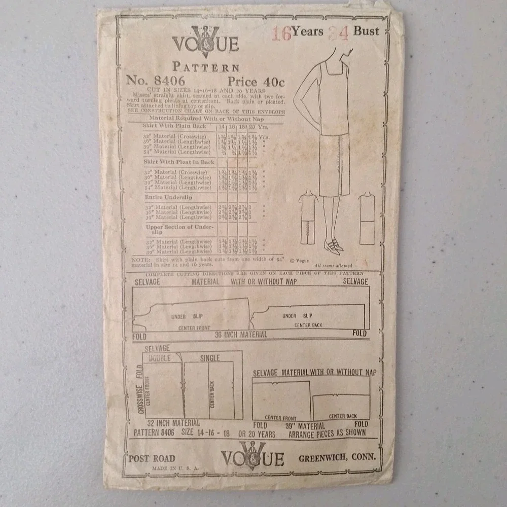 RARE Antique 1920's VOGUE Pattern Cover #8406 Skirt Slip Shirt 16 Years 34 Bust
